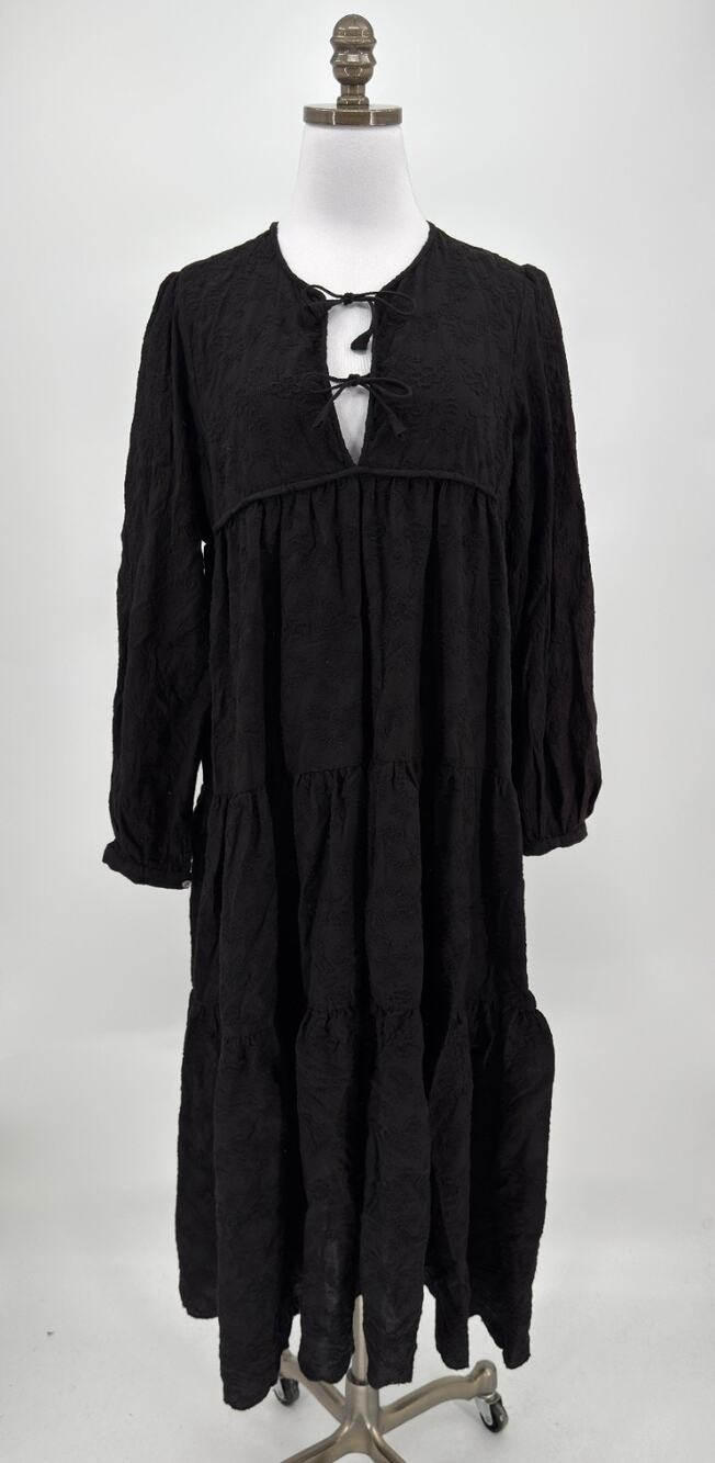 Matta Black Boho Brocade Long Sleeve Tassel Tie Tiered Midi Dress Sz M